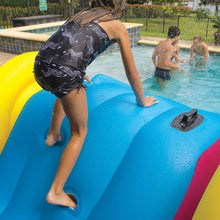 Load image into Gallery viewer, WOW Fun Slide Inflatable Platform with a girl slidding and with 3 people in the pool