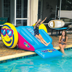 WOW Fun Slide Inflatable Platform with a girl slidding and a girl beside the pool