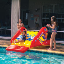Load image into Gallery viewer,  WOW&#39;s SSlide N Smile Single Lane Inflatable Pool Slide with 1 kids sliding and 2 kids on the sides