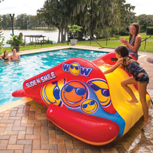 Load image into Gallery viewer,  WOW&#39;s SSlide N Smile Single Lane Inflatable Pool Slide with 1 kids climbing the pool with a girl on the side