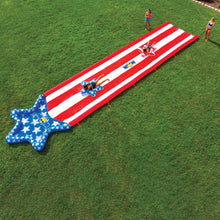 Load image into Gallery viewer, WOW Americana Stars &amp; Stripes Inflatable Slide top view, with 2 kids sliding on it and 2 adults watching them
