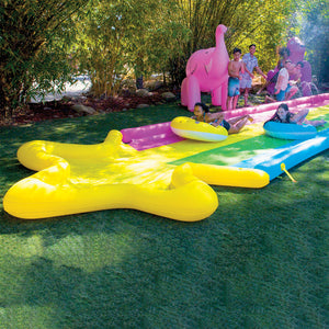 WOW 40' x 8' Rainbow Star Inflatable Slide  with 2 kids playing on it and adults enjoying watching them