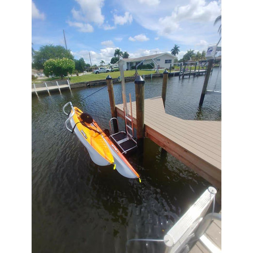 Kayak Dock Accessories - Seahorse Docking Floating Boarding Ladder with the seahorse docking kayak launch and stow attached to a fixed dock 