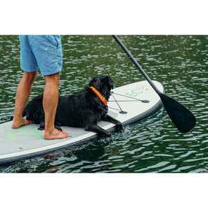 Inflatable stand up paddleboard - Man with the dog on top of  Eco Outfitters Inflatable Stand Up Paddle Board 10'6