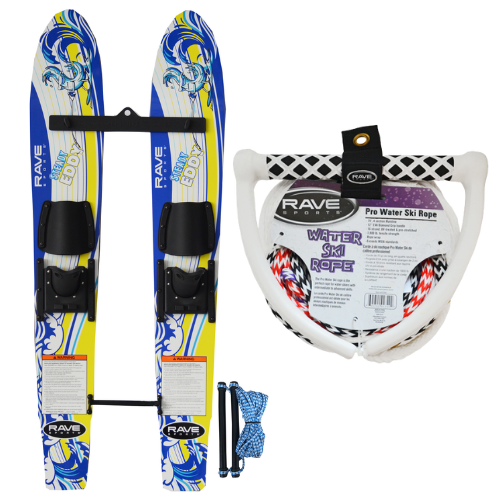 Rave Steady Eddy Trainer Water Ski with Rave  75' 4-Section Ski Rope w/NBR Tractor Grip - Pro