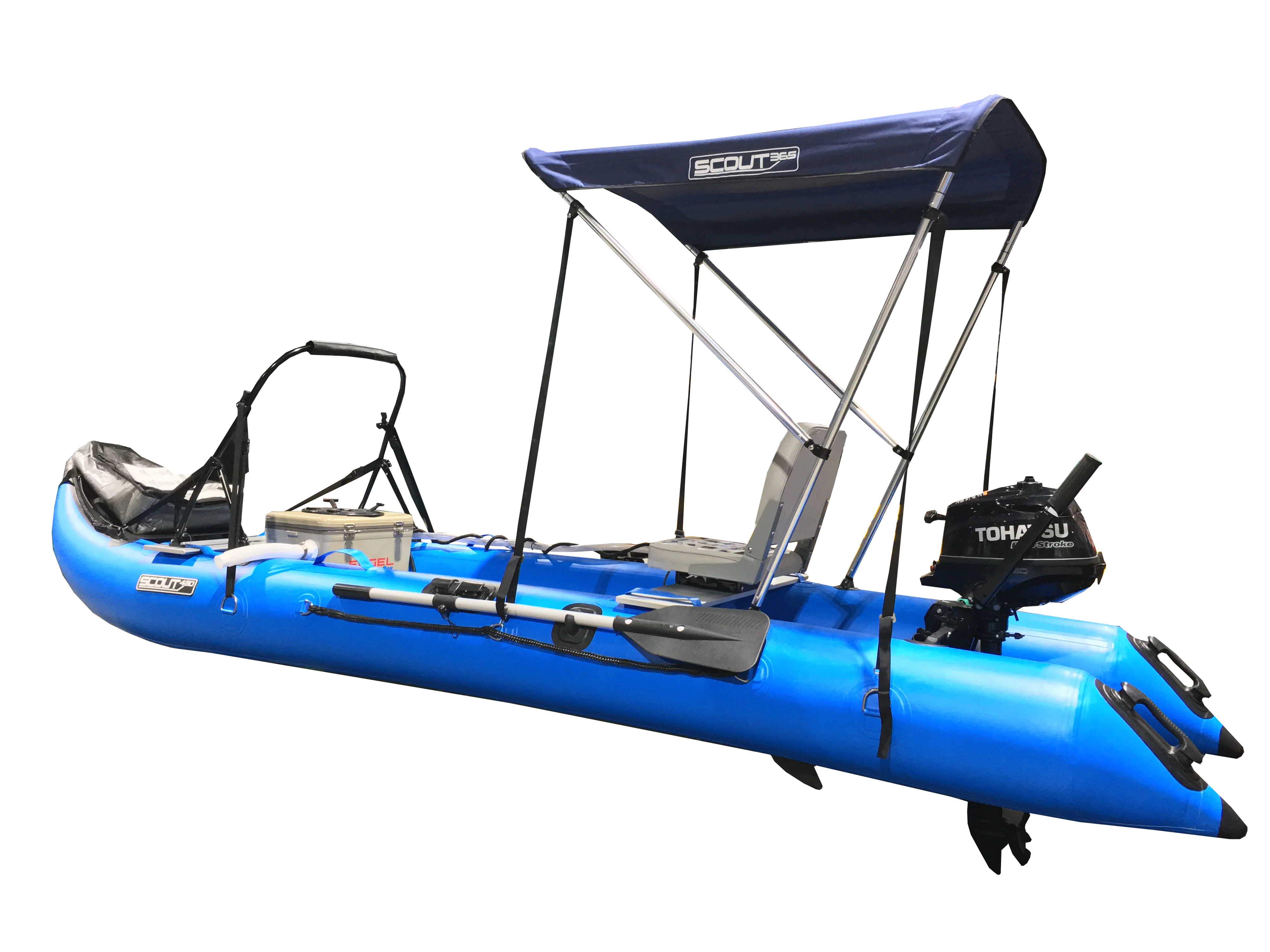 Scout Inflatables 430 Scout 14’ x 3.5” loaded with stuff, bamini and tohatsu motor