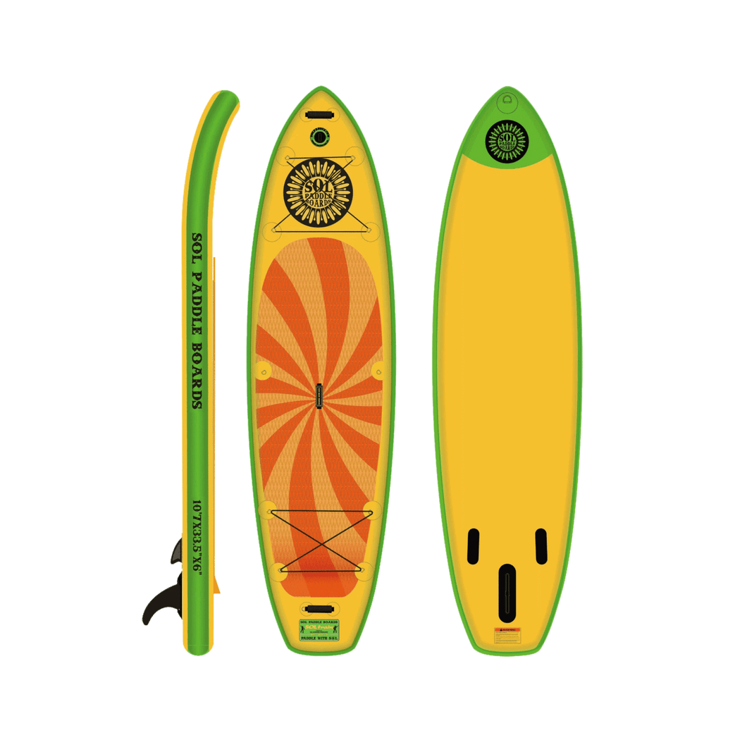 SOL Paddle Boards SOLtrain Inflatable Paddle Board - Classic top, bottom, side view