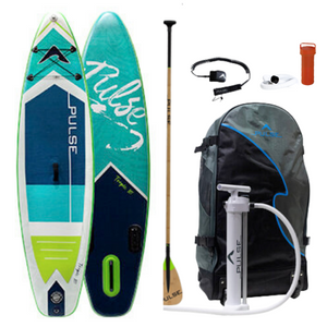 Pulse The Tropic 10 ft Inflatable Stand Up Paddleboard front and back side with  Leash, paddle, repair kit and carry bag and  Bamboo Carbon Fibre