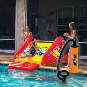  WOW's SSlide N Smile Single Lane Inflatable Pool Slide with 1 kids sliding and 2 kids on the sides with WOW double action hand pump