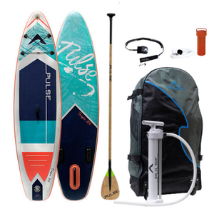 Pulse The Tropic 10.6 ft Inflatable Stand Up Paddleboard front and back side with   Leash, paddle, repair kit and carry bag  and  Bamboo Carbon Fibre