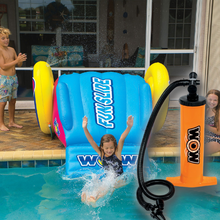 Load image into Gallery viewer, WOW Fun Slide Inflatable Platform with a girl slidding with  WOW double action hand pump