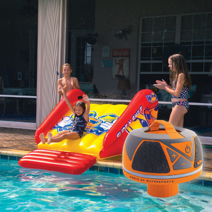  WOW's SSlide N Smile Single Lane Inflatable Pool Slide with 1 kids sliding and 2 kids on the sides with WOW Waterproof bluetooth speaker