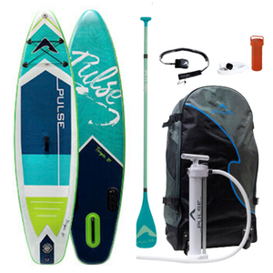 Pulse The Tropic 10 ft Inflatable Stand Up Paddleboard front and back side with  Leash, paddle, repair kit and carry bag and   Women's SUP Paddle