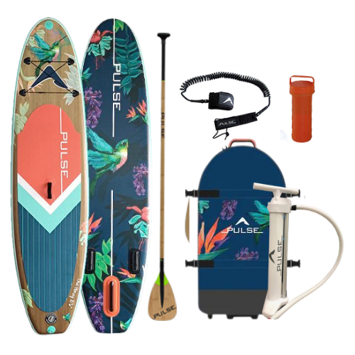 Pulse The Honey 10'6" Inflatable Stand Up Paddleboard front and back view with Leash, paddle, repair kit and carry bag and  Bamboo Carbon Fibre