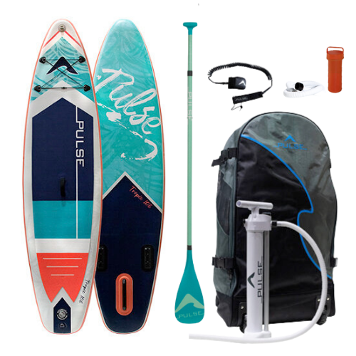 Pulse The Tropic 10.6 ft Inflatable Stand Up Paddleboard front and back side with   Leash, paddle, repair kit and carry bag  and  Women's SUP Paddle