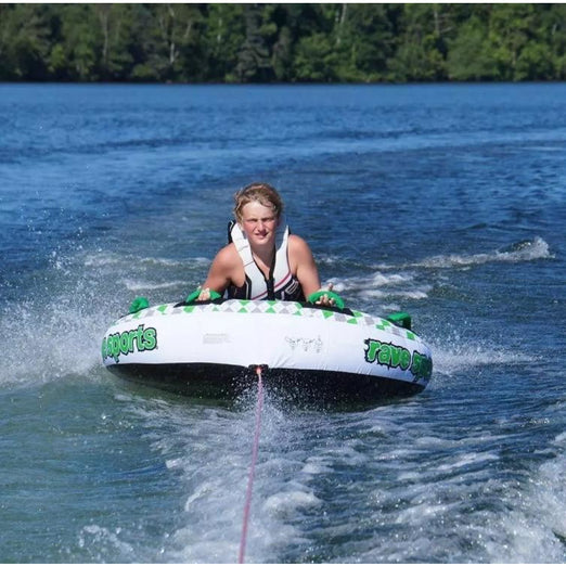 A boy in Rave Sports Frantic 2 Rider Towable 02406