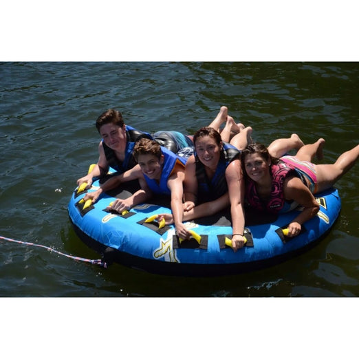 4 people at the top of Rave Sports Mega Storm 4 Rider Towable 02325