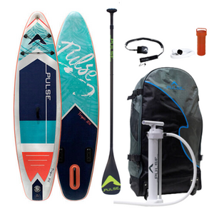 Pulse The Tropic 10.6 ft Inflatable Stand Up Paddleboard front and back side with Leash, paddle, repair kit and carry bag and Full Carbon Fibre Adjustable Paddle