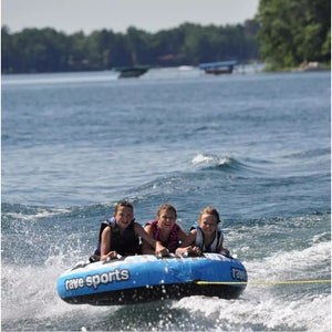 3 kids enjoying the Rave Sports X-Frantic 3 Rider Towable 02407