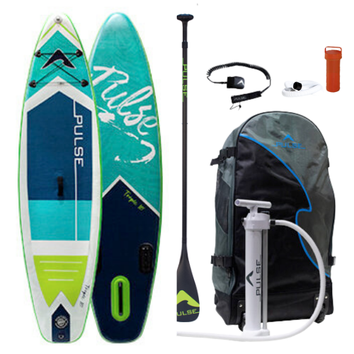 Pulse The Tropic 10 ft Inflatable Stand Up Paddleboard front and back side with  Leash, paddle, repair kit and carry bag and   Full Carbon Fibre Adjustable Paddle