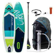 Load image into Gallery viewer, Pulse The Tropic 10 ft Inflatable Stand Up Paddleboard front and back side with  Leash, paddle, repair kit and carry bag and   Full Carbon Fibre Adjustable Paddle