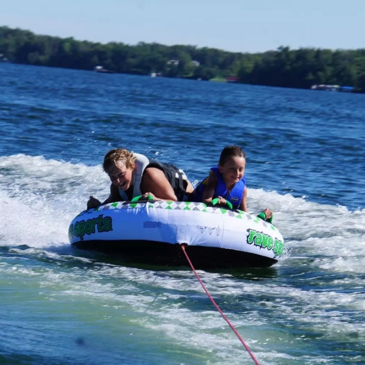 2 boys riding Rave Sports Frantic 2 Rider Towable 02406