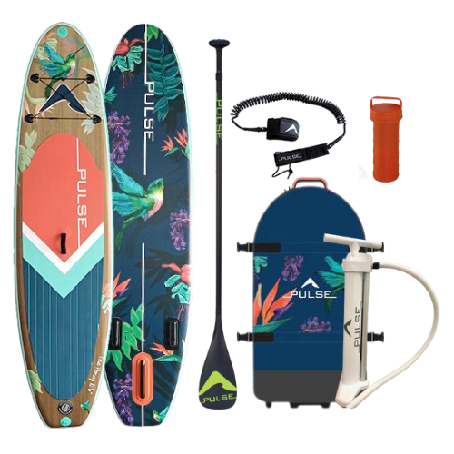 Pulse The Honey 10'6" Inflatable Stand Up Paddleboard front and back view with Leash, paddle, repair kit and carry bag and  Full Carbon Fibre Adjustable Paddle