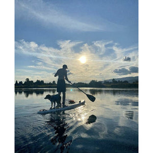 Inflatable Stand Up Paddle Board - Man boarding with a dog on a Hurley Advantage 10' ISUP Terrazzo HUR-005 