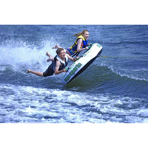 A man and a woman riding Rave Sports Frantic 2 Rider Towable 02406