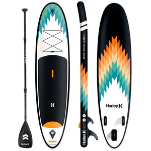 Inflatable Stand Up Paddleboard - Hurley Advantage 10'6" iSUP Outsider HUR-003 front, side and back view with a paddle