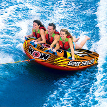 Load image into Gallery viewer, WOW Super Thriller 3P Towable Tube being towed with 3 people riding on it