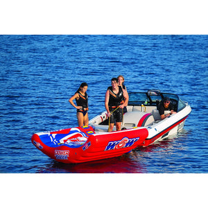 WOW Power Steer 3P Towable Tube connected to a speedboat with 4 people