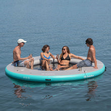 Load image into Gallery viewer, Platform - 4 people relaxing on  the Solstice Watersports Inflatable 8&#39; X 8&#39; X 8&quot; Circular Mesh Dock 