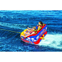 Load image into Gallery viewer, WOW Beach Bubba 2P Towable Tube  being towed with 2 people riding on it