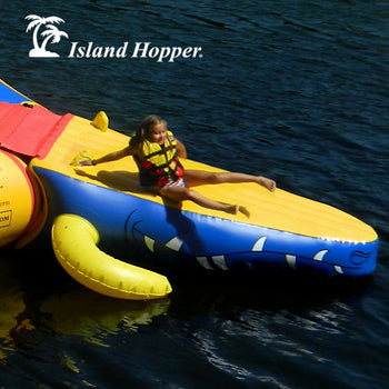 Kid in Island Hopper Gator Monster Head 