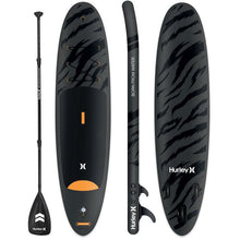 Load image into Gallery viewer, Inflatable Stand Up Paddle Board - Hurley Advantage 10&#39; Inflatable Stand Up Paddle Board Black-Tiger HUR-004 front, side and back view with a paddle