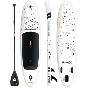 Inflatable Stand Up Paddle Board - Hurley Advantage 10' ISUP Terrazzo HUR-005 front, side and back view with a paddle