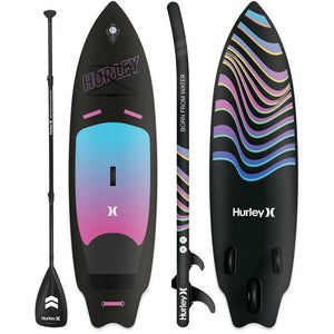 Inflatable Stand Up Paddle Board - Hurley PhantomSurf 9' Ombré Inflatable Stand Up Paddle Board HUR-006 front, side and back view with paddle
