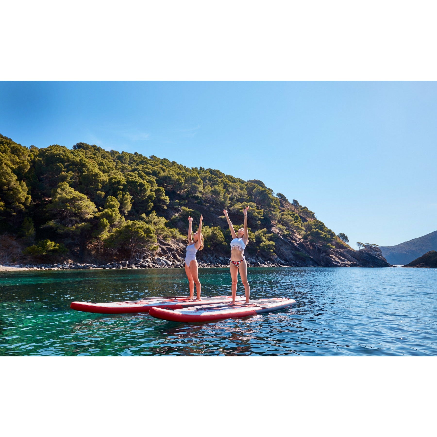 2 People On Redshark Multi Water Sports Board Inflatable SUP with Gym Kit