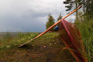 Merrimack Canoes Tennessean 14'6" Canoe with the Merrimack paddle at the lake side
