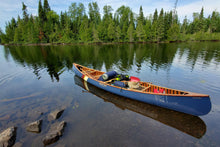 Load image into Gallery viewer, Merrimack Canoes Sanborn + Merrimack Driftless Canoe on the water loaded with stuff