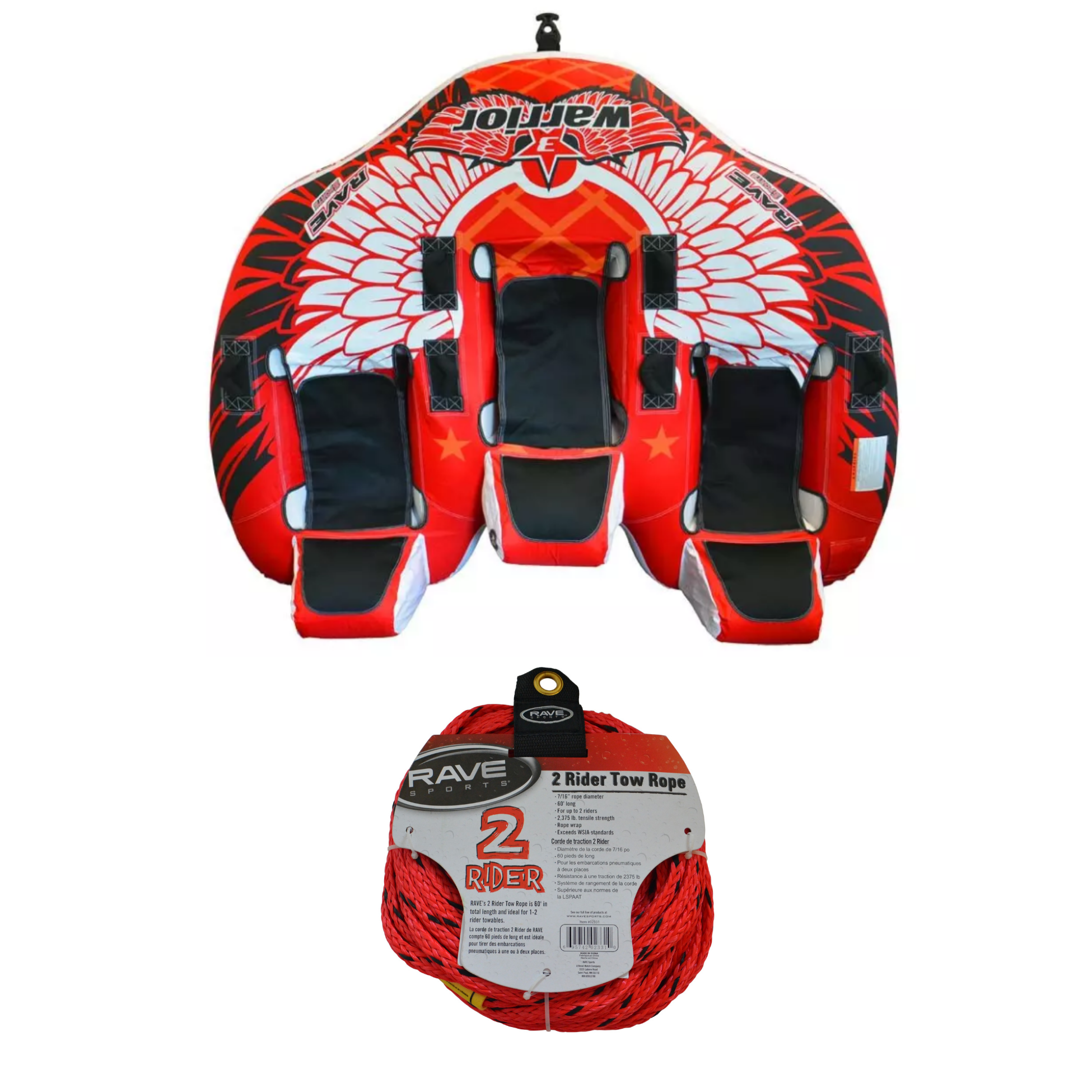 Rave Sports Warrior III - 3 Rider Towable 02379 with 2 Rider Tow Rope 02331