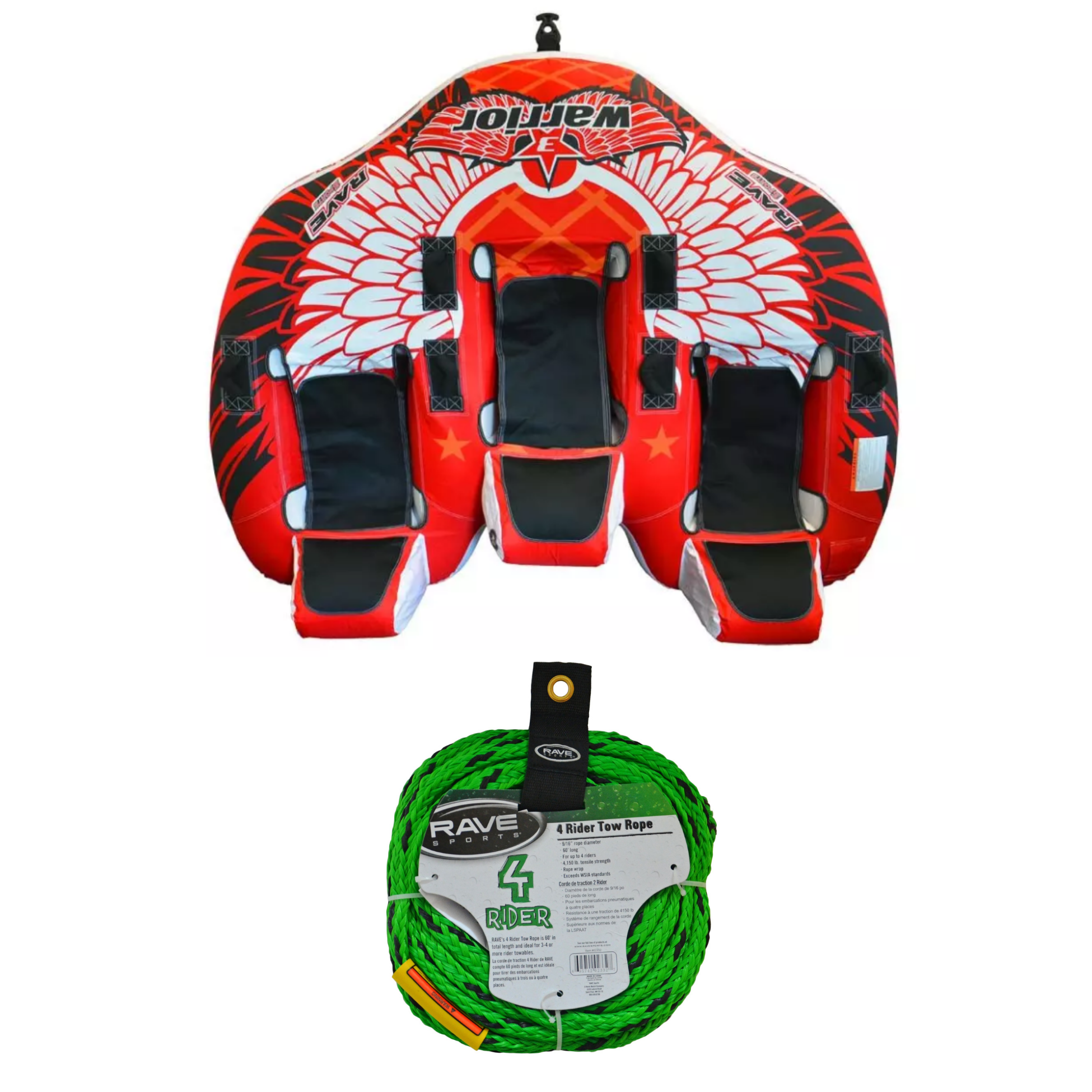 Rave Sports Warrior III - 3 Rider Towable 02379 with 4 Rider Tow Rope 02332