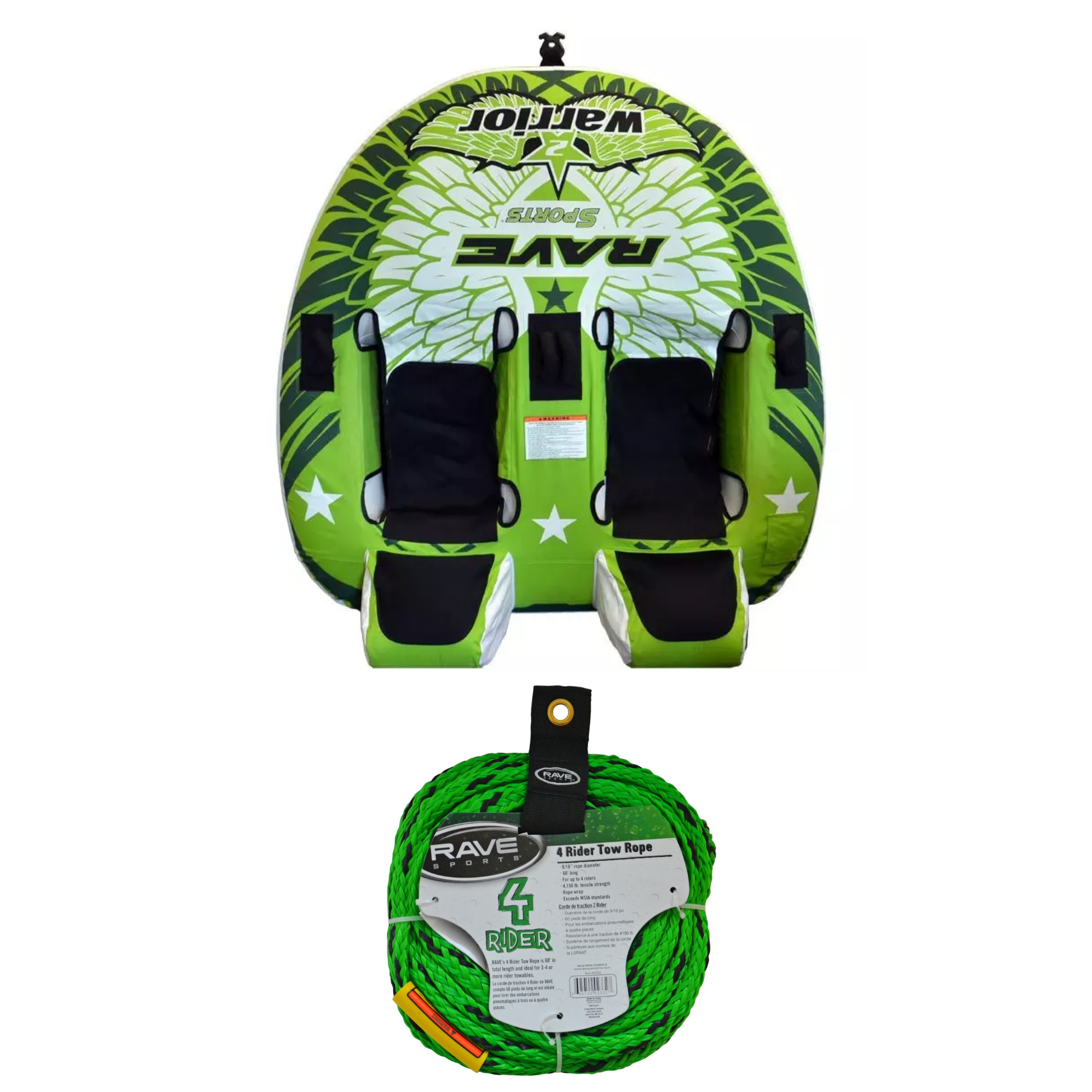 Rave Sports Warrior II - 2 Rider Towable 02462 with 4 Rider Tow Rope 02332