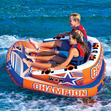Load image into Gallery viewer, WOW Champion 2P  Towable Tube being towed with 2 people riding on it