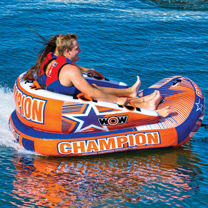 WOW Champion 2P  Towable Tube being towed with 2 people riding on it