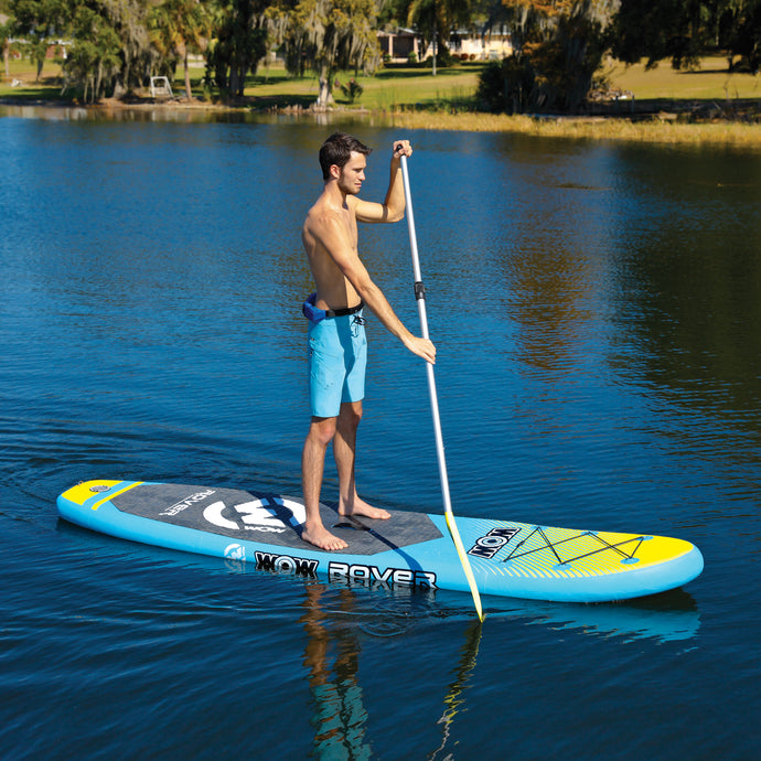 WOW Rover SUP w/cupholder Inflatable Paddleboard with a man paddling on it