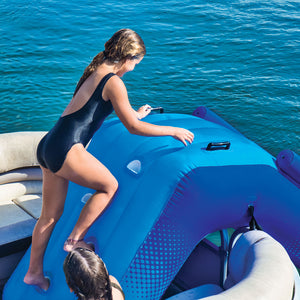 WOW Pontoon Waterfall Slide Inflatable Platform with a women  climing it