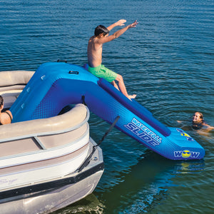 WOW Pontoon Waterfall Slide Inflatable Platform with  man slidding on it an a woman swiming in the water