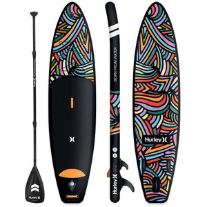 Inflatable Stand Up Paddleboard - Hurley PhantomTour 10'6" iSUP Color-Wave HUR-002 front, side and back view with a paddle
